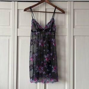 Victoria's Secret black mesh bralette with teal and purple floral embroidery